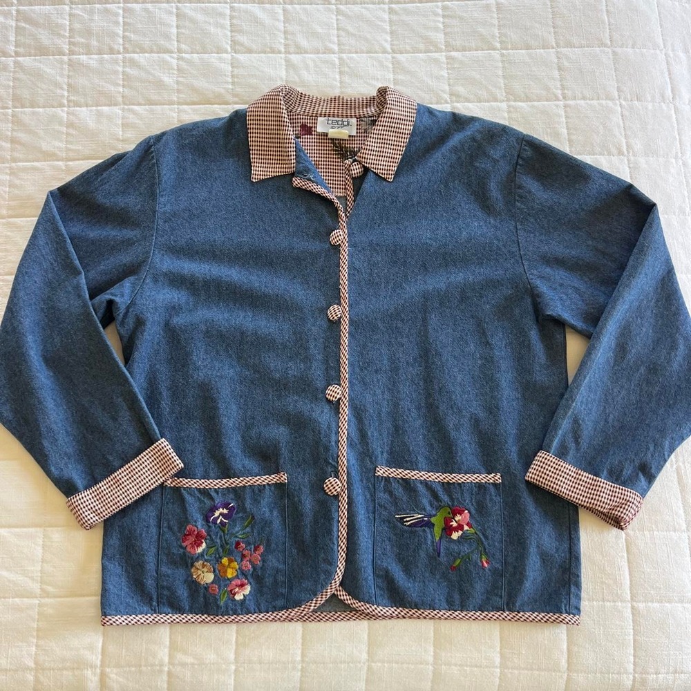 Womens Teddy Blue Denim Jacket Embroidered Floral & Checkered Collar Cottagecore